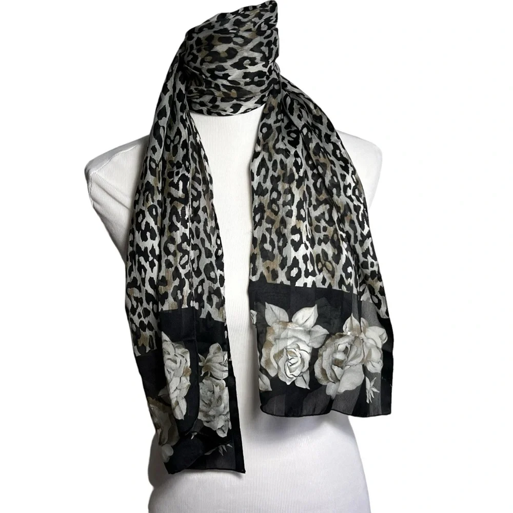 Scarf animal print floral gray black lightweight silky no tags - Picture 2 of 4